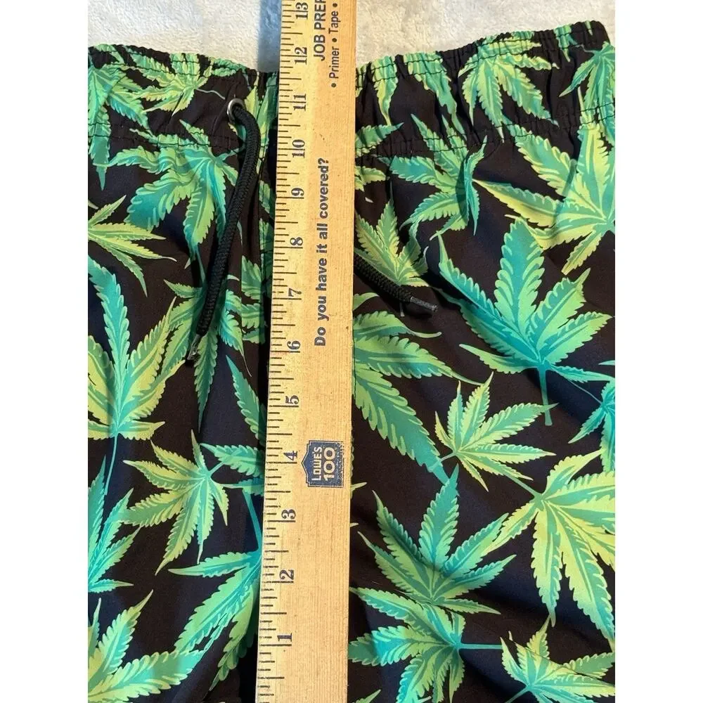 Buddies Marijuana Pot Cannabis Leaf Swim Shorts Trunks Board Green 420 Weed EUC